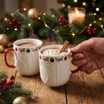 Artikel Keramisk julekop med strikmønster og festlig indretning 9cm - rød-hvid 2stk