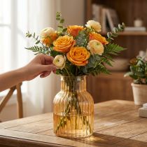 Artikel Glasblomstervase i orange, retrostil med riller, Ø13,5 cm H20 cm