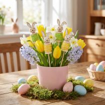 Artikel Påskeblomsterstik af træ Påskehare Grøn Gul L32cm 8 stk