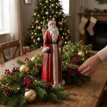 Artikel Julemandsfigur med kurv rød hvid grøn guld H36cm