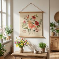 Artikel Blomsterdekoration vægkunst, træ bambusmåtte vægdekoration med jutesnor, H44 x B42 cm til stuen