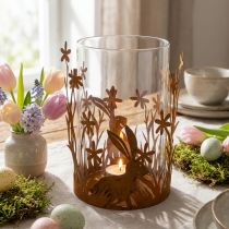 Artikel Lanterne med kaniner, forårsdekoration, metaldekoration med blomster, påskepatina Ø11,5cm H18cm