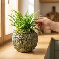 Artikel Betonplantekasse, antikt look, grøn og brun, rund plantepotte, Ø15,5 cm