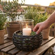 Artikel Lanterne flettet sort, brunt rattan lysglas Ø23cm H18cm