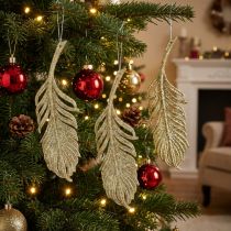Artikel Dekorative fjer, trædekorationer med glitter, adventsdekorationer, fjer til ophængning af gyldne L22cm 12stk.
