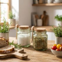 Artikel Dekorativt glas med korklåg og ske, grønt, Ø7 cm, H10 cm, 2 stk.