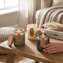 Artikel Duftlys i glas sandeltræ kork låg H9cm 3stk