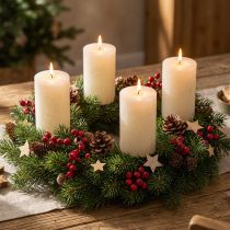 Artikel Sæt med 4 rustikke bloklys, off-white, 70x110 mm, gennemfarvet, selvslukkende - Ideel til advent og festlig dekoration
