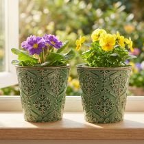 Artikel Plantekasse keramisk knitrende glasur grøn Ø10cm H13cm 2stk