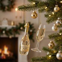 Artikel Champagneflaske og champagneglas vedhængssæt, juletræspynt, 14 cm, 2 stk.