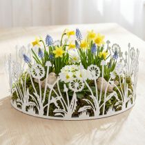 Artikel Dekorativ bakke med mælkebøtter, metaldekoration til forårshvid, sølv shabby chic Ø25cm H10,5cm