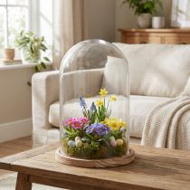 Artikel Glasklokke med træplade glasdekoration Ø17cm H25cm