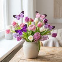 Artikel Deco sommerfugl på tråd fjer sommerfugle lilla/pink 9,5cm 12stk