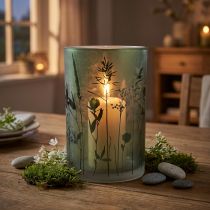 Artikel Lanterne udført i hvidt glas med grønt engmotiv H18cm