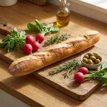 Artikel Dekorativ baguette-replika 38 cm - kunstig mad, brødimitation til butiksvinduer og køkkendekoration
