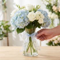 Artikel Organzabånd med blomster, blåt, dekorativt bånd, organzastof, 40 mm bredt, 15 m langt