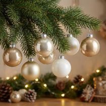 Artikel Juletræskuglemix, juledekoration, mini juletræsdekoration hvid/perlemor H4,5 cm Ø4 cm ægte glas 24 stk.