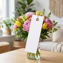 Artikel Hvide hængemærker 18x60mm med metaltråd, vejrbestandige, ideelle til blomster- og gavemærkning, 250 stk.