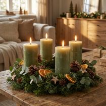 Artikel Ensfarvede olivengrønne bloklys 60×100 mm, sæt med 4, landlig stil, boho, advent