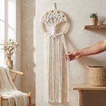 Artikel Makramé Drømmefanger Livets Træ Vægophæng Boho Dekor Ø28cm H92cm Naturhvid