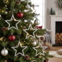 Artikel Julepynt stjernevedhæng sølv glitter 7,5cm 40p