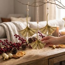 Artikel Ginkgo blad vedhæng, advent dekoration, metal dekoration til efteråret Golden L12cm 12 stk.