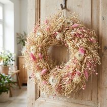 Artikel Dekorativ krans, havrekrans, naturlig krans, stråblomster, lyserød, Ø29 cm