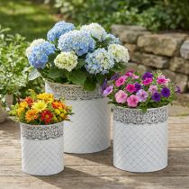 Artikel Urtepotte med hulmønster, metalbeholder, dekorativ spand, hvid, sølv, shabby chic, H28/25,5/23,5 cm, Ø29,5/25,5/20 cm, sæt med 3 stk.