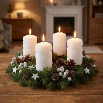 Artikel Adventslyssæt, snebolddesign, hvide – bloklys 100/60 mm til adventskrans og julepynt, pakke med 4