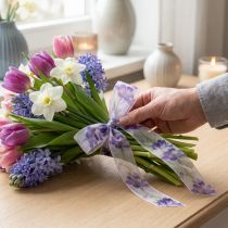 Artikel Organzabånd, chiffonbånd, papegøjetulipaner, lilla, 40 mm, 18 m