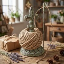 Artikel Antik dekorativ metal trådspoleholder med lilje og jute 20,5 cm