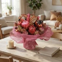Artikel Tørrede blomsterblandinger: Lyserød protea, artiskok, valmue, naturlig dekoration, 38 cm, 580 g