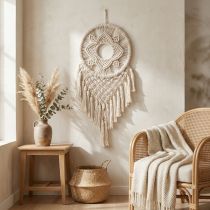 Artikel Makramé Drømmefanger Vægophæng Cremefarvet Boho Vægdekoration Håndlavet 29×72cm til Stue &amp; Soveværelse