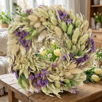 Artikel Tørrede blomsterkrans til forår og sommer, til bord og hoveddør, til særlige lejligheder med farvede accenter, 26 cm