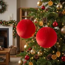 Artikel Rød fløjls julekugle, stor dekorativ kugle til ophængning, 25 cm, 2 stk.