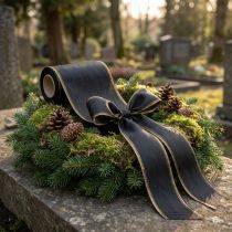 Artikel Elegant moiré kransbånd, 175 mm sort med perlekant og taftvævning, dekorativt bånd til begravelsesblomster, sløjfebånd, 25 m
