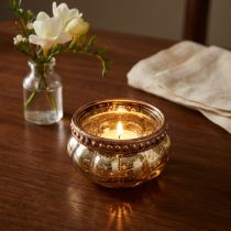 Artikel Fyrfadsglas champagne antik guld med metalkant Ø6cm H3,5cm