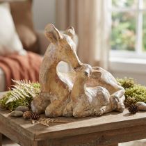 Artikel Dekorativ figur af hjort med fawn støbt sten brun hvid 20×11×17 cm