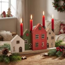 Artikel Lysestage adventskrans pind lys huse 35cm H20cm