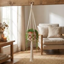 Artikel Makramé Hængende Dekoration Boho Style Ø12cm H79cm Creme - Hængende Plantepotte Vægdekoration