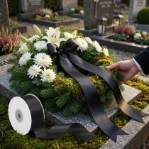 Artikel Gavebånd sort sørgende blomster dekorationsbånd 25mm 50m