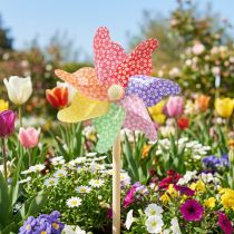 Artikel Pinwheel dekoration vindmølle lille på pinden farvet Ø14cm 30cm