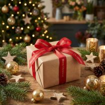 Artikel Rødt julebånd med guld 'Merry Christmas' bogstaver, bredde 25mm, længde 20m