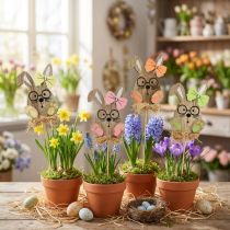 Artikel Blomsterstik træ påskestik kanin med glas 8,5cm 12 stk