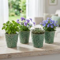 Artikel Plantekasse keramisk knitrende glasur grøn Ø7cm H8cm 4 stk