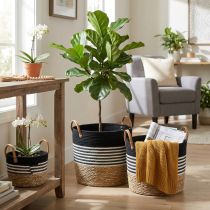 Artikel Sæt med 3 opbevaringskurve med håndtag, plantekurv og opbevaringsbeholder, sort og hvid, naturlig finish, stabelbar, Ø32/28/23 cm, H30/25/19 cm