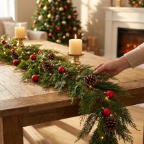 Artikel Grøn Thuja-gran-guirlande med frugt, dekorativ ophængning, juledekoration, festlig kunstig guirlande, 175 cm lang