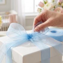 Artikel Organza bånd gavebånd lyseblåt bånd blå kant 25mm 50m