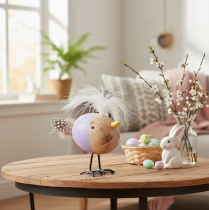 Artikel Dekorativ træfugl med fjer og farverig krop til borddekoration, 10 cm, 6 stk.