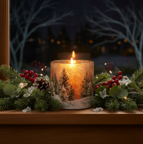 Artikel Glas fyrfadsstage med vinterskov i sne, juledekoration, 20 cm